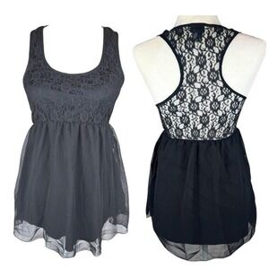 Y2K Daytrip Babydoll Top Womens Size Small Black Lace Chiffon Bella Swan Grunge‎